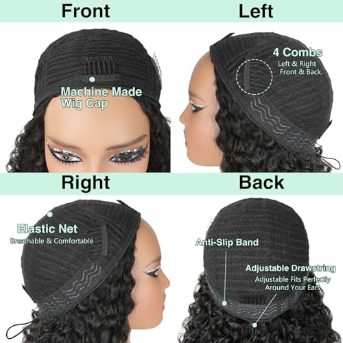 Burmese Curly Half Wigs Human Hair 200% Density Curly 3 In 1 Half Wigs With Drawstring for Women Water Wave Glueless Wig Human Hair with Spiral End,Seamless Flip Headband Wig,Beginner Friendly(14inch)