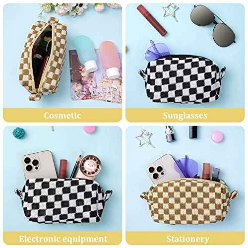 2 Pcs Checkered Makeup Bags, Portable Travel Toiletry Bag with Zipper, Makeup Bag Storage Cosmetic Bag for Women (Black&Light Brown)