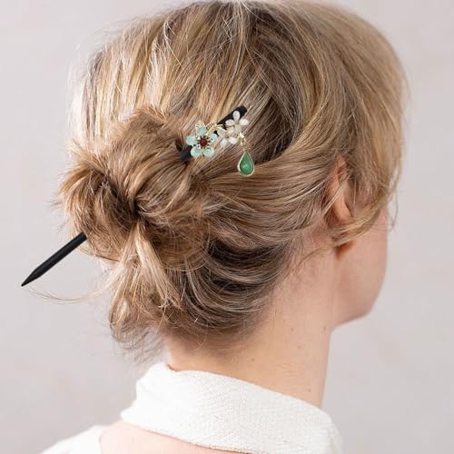 4 PACK Japanese Chinese Wooden Hair Stick, Hairpin with 4 Different Flower Styles, Retro Wooden Hair Accessories for Women Girls