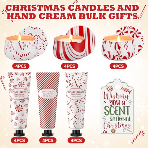 12 Set/ 24 Pcs Christmas Candy Cane Scented Gift Bulk for Women 3.5oz Peppermint Scented Candles Hand Cream Lotion Set Xmas Stocking Stuffer Travel Size for Teacher Employee Team Party Favor