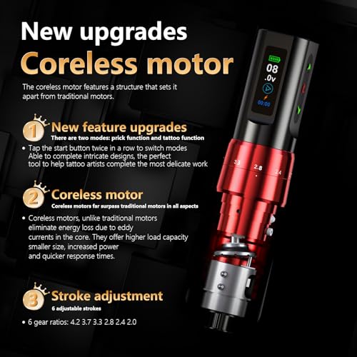 BIGWASP Z3 Wireless Rotary Tattoo Machine Pen, 6 Adjustable Stroke Lengths, 1,800mAh Battery with Extra Battery, Coreless Motor for Professional Artists - Black