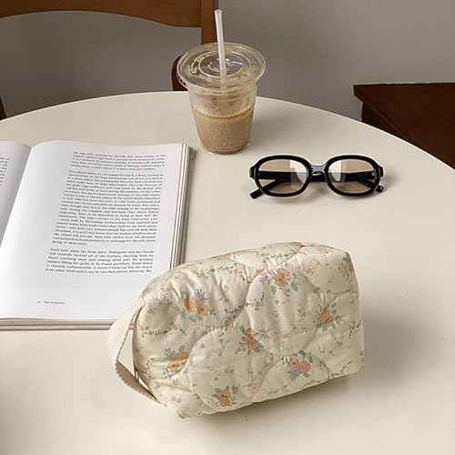 Floral Makeup Bag Cotton Quilted Cosmetic Makeup Bag Organizer, Aesthetic Portable Pouch Purse Toiletry Bag for Women Girls Travel accessories