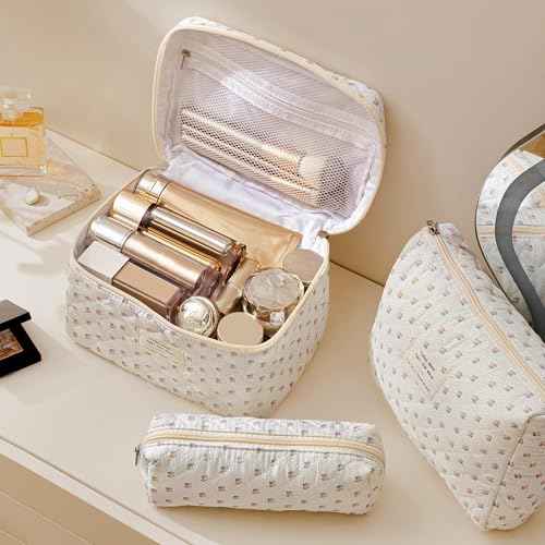 HBselect Quilted Makeup Bag, 3PCS Cotton Large Travel Makeup Bag, Cute Floral Coquette Make up Bag Cosmetic Bag Toiletry Bag for Women Girls