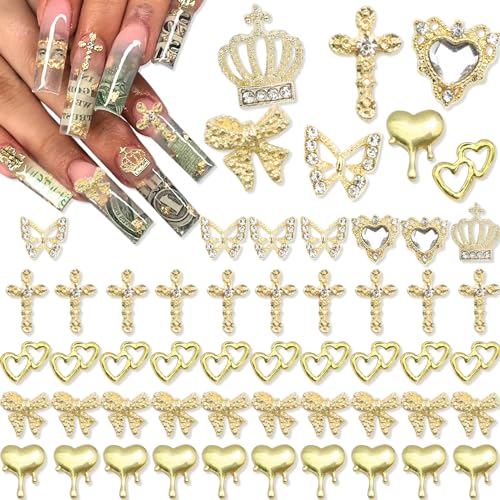 80PCS Gold Nail Charms Crystal Gold Heart Nail Charm Shiny Crown Nail Charms Sparkly Butterfly Charms Alloy Gold Nail Crosses for Nail Art and DIY Crafts Decoration