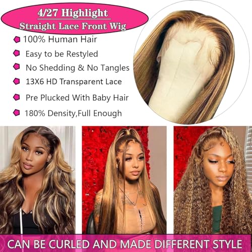 Cypha Ombre Lace Front Wig Human Hair Highlight 13x6 HD Straight Lace Front Wigs 180% Density 4/27 Colored Honey Blonde HD Lace Frontal Wigs For Women Glueless Pre Plucked with Baby Hair 22inch