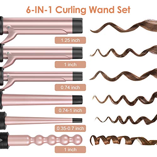 6-in-1 Curling Iron, Professional Instant Heat Up Hair Curling Wand Set with 6 Interchangeable Ceramic Barrels (0.35'' to 1.25'') and 2 Temperature Adjustments, Heat Protective Glove & 2 Clips