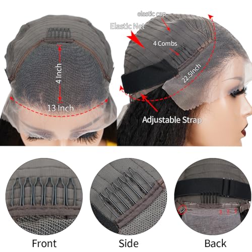 Kinky Straight Wig Human Hair 14 inch Glueless Kinky Straight 13x4 Lace Front Wig Pre Plucked HairLine with Baby Hair 180% Density Yaki Straight Wigs Natural Black Color