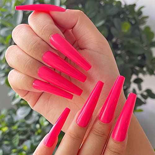 120pc XL Coffin Press on Nails Extra Long Colored Ballerina False Nail Tips Full Cover Artificial Fingernails Manicure Design Desigh Women Girls Christmas Gift (Hot Pink)