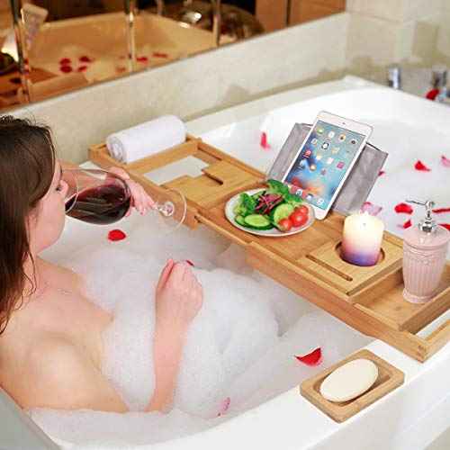 Bamboo Bathtub Caddy Tray Expandable for Luxury Bath, Bath Accessories & Table with Wine Glass Holder, Book Stand Bathroom Organizer with Extending Sides for Men/Women,Natural