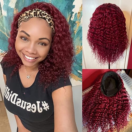 Curly Headband Wig for Black Women, Ombre Dark Red 100% Unprocessed Human Hair Wigs, Burgundy Color Red Wine None Lace Front Wigs with Headband (24'', 1B/Burgundy, Curly), Ombre 1B/99J, Curly