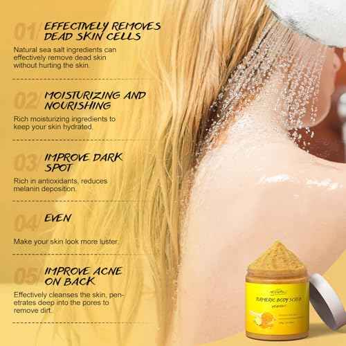 POP MODERN.C Turmeric and Vitamin C Body Scrub Remove Dead Skin Improve Dark Spots Acne Natural Organic Exfoliating Deep Cleansing Exfoliator for Body Butt Bikini Area Body Care with Loofah