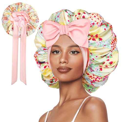 Double Layer Silk Bonnet with Tie Satin Lined Sleep Cap Hair Cover for Women's Curly Natural Hair
