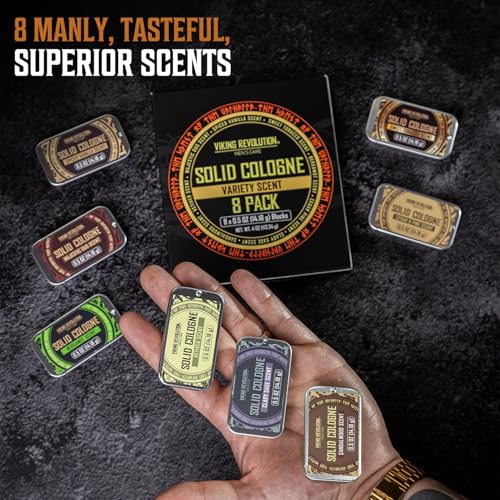 Viking Revolution 8 Pack Solid Cologne for Men - Men's Cologne Gift Set Including Sandalwood, Vetiver, Sweet Tobacco, Clary Sage, Spiced Vanilla, Cedar Pine - Travel Size Gifts for Men (0.5 Oz each)