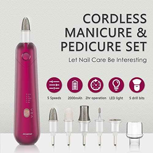 Professional Manicure Pedicure Set - Cordless Electric Foot Nail Care Trimmer Buffer Tools - 5 Speeds, Rechargeable, Thick Nails (Red)