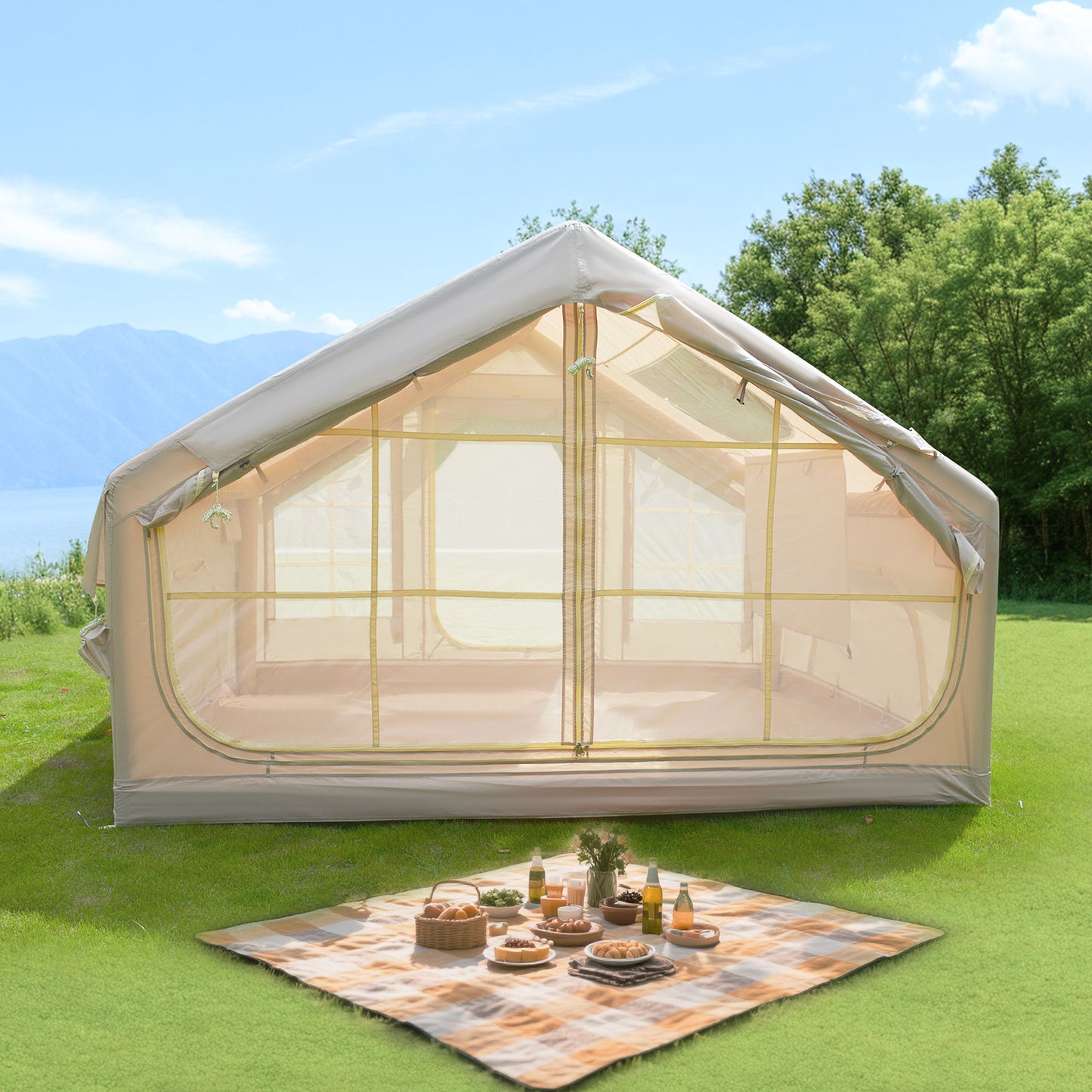 Inflatable 4-Season Camping Tent - Waterproof & Windproof - Beige