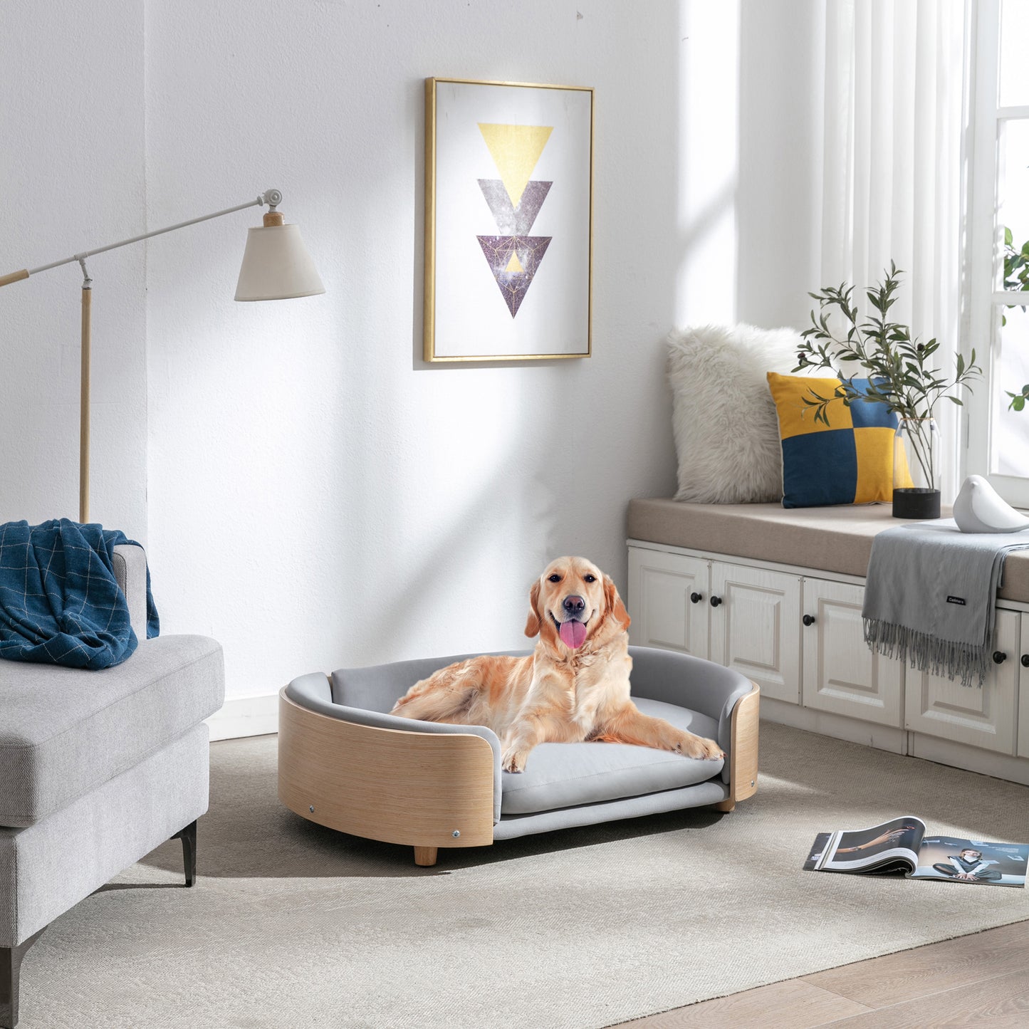 Large Scandinavian Style Elevated Dog Bed with Velvet Cushion and Solid Wood Legs