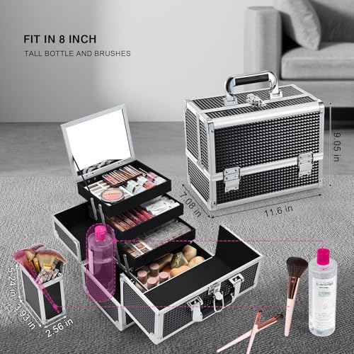 Joligrace Makeup Train Case Makeup Case 3-Tray Cosmetic Box with Mirror, Shine Black, 11.8-in Large Makeup Box with Detachable Brush Holder, Lockable Portable Makeup Travel Organizer Case