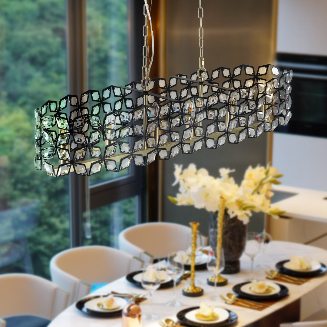 Contemporary Crystal Pendant Chandelier - Black & Gold Modern Light Fixture for Dining Room
