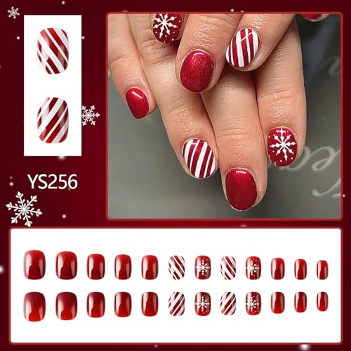 24Pcs Christmas Red Press on Nails - Short Square Snowflake False Nails With Red White Stripe Design - Full Cover Coffin Winter Glossy Glue on Nails for Women