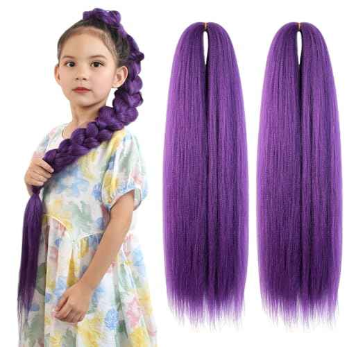 Purple Braiding Hair 24 Inch Long Pre Stretched Hair Straight Yaki Texture Synthetic Hair Extensions Softness, 2 Packs