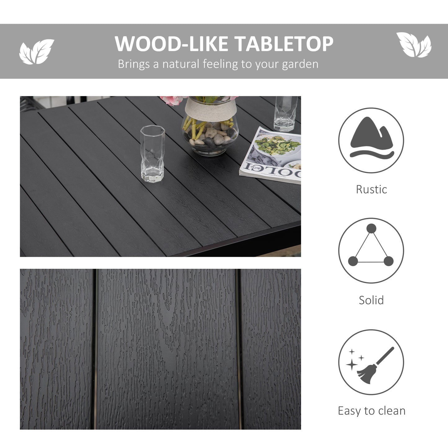 Outdoor Dining Table for 6 - Rectangular Patio Table with Aluminum Frame - Black