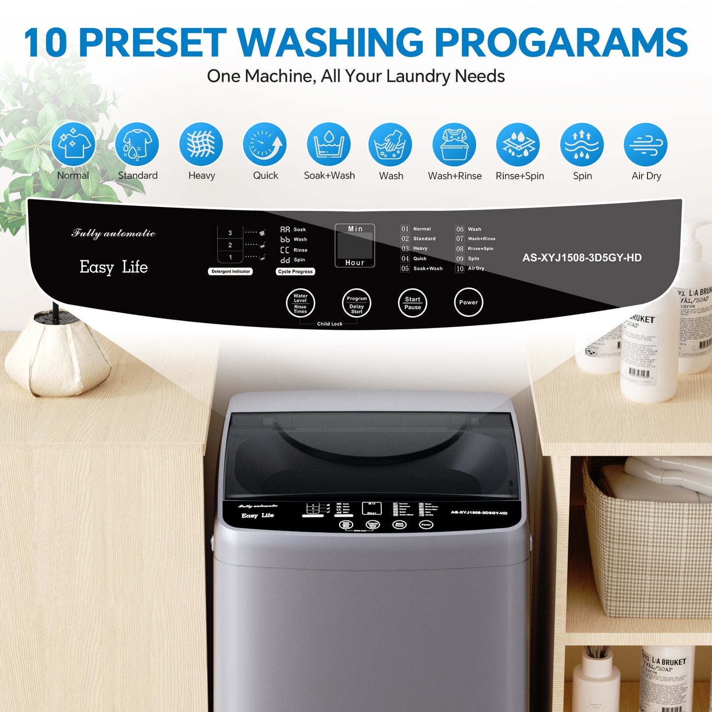 Portable Fully Automatic Washing Machine 7.7L Stainless Steel Tub Compact