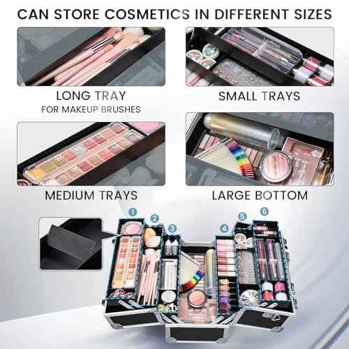 FRENESSA Makeup Train Case Makeup Case 12.6 Inch Large Cosmetic Box Organizer Travel Storage Professional Make Up Train Carrying Case with 6 Trays Locking Shoulder Strap Hard Vanity Storage Black