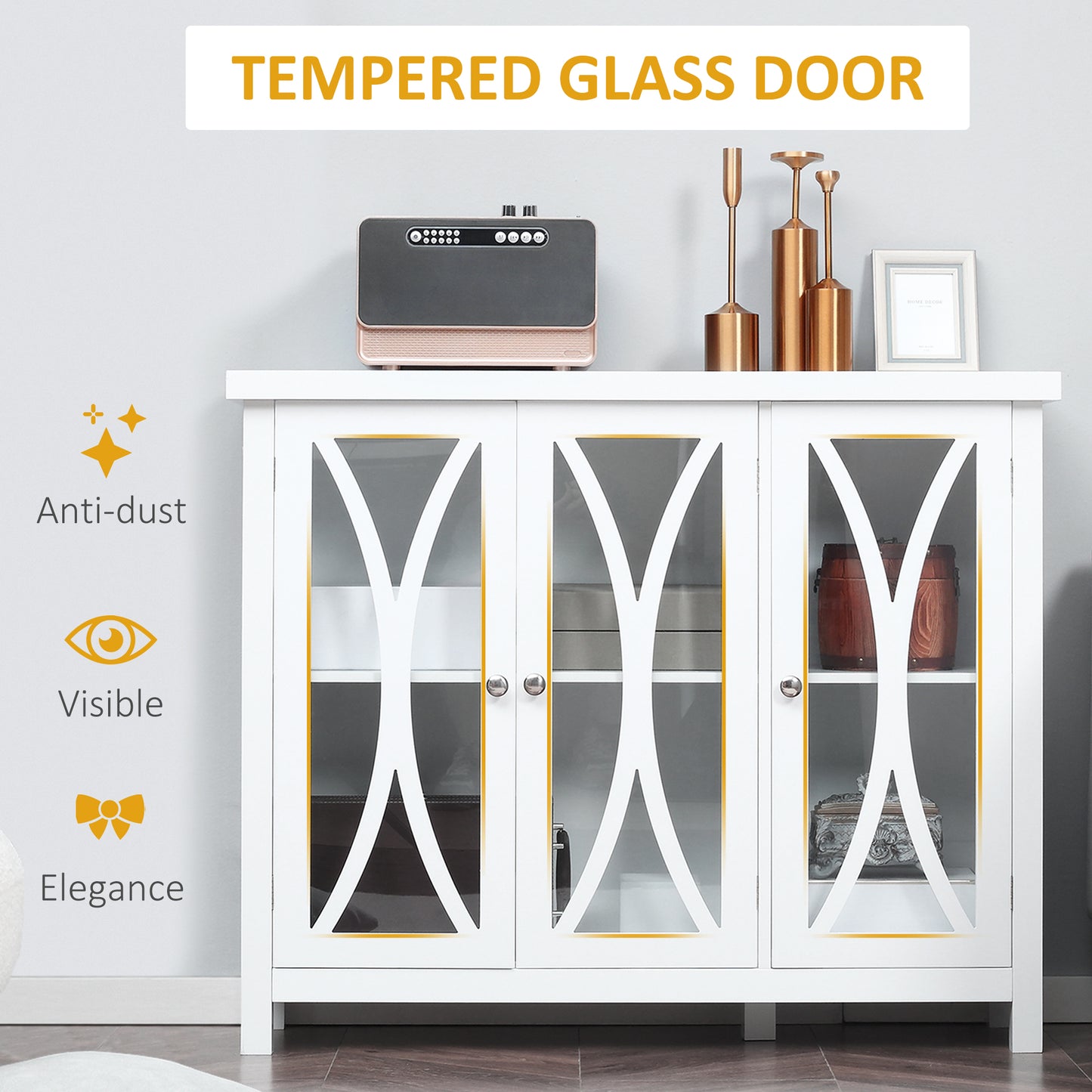 Sideboard, Buffet Cabinet with 3 Tempered Glass Doors, Arc Pattern