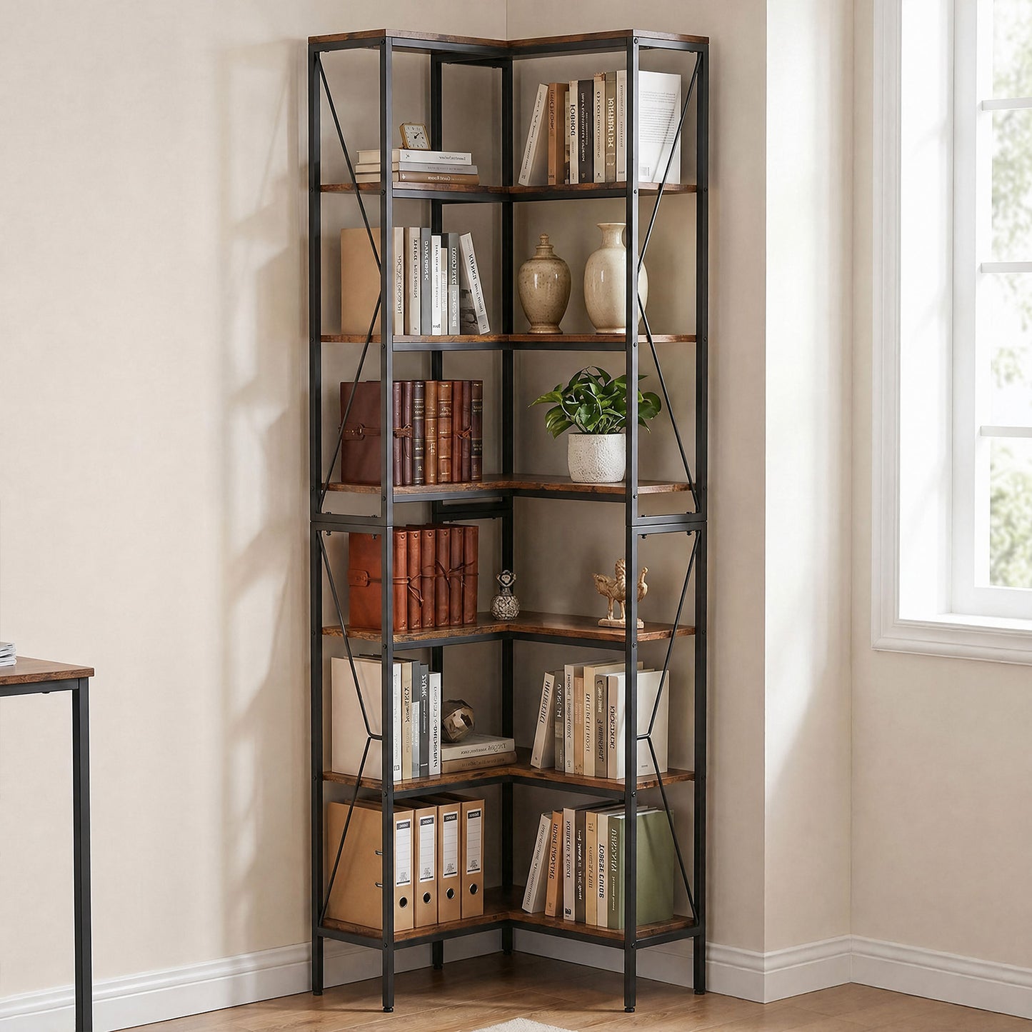 7-Tier Industrial Corner Bookshelf - Open Display Rack