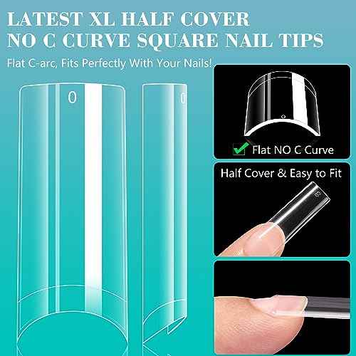 500PCS Clear Square Nail Tips, Quaferen XL No C Curve Tips for Acrylic Nails Professional, Half Cover Tapered Square Straight Nail Tips, Flat Traceless Acrylic Nail Extension Tips Fake Nails