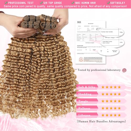 Honey Blonde Deep Wave Bundles Human Hair 12A Color #27 Blonde Curly Human Hair Bundles 16 18 20 Inch Colored Deep Wave Human Hair Extensions Double Weft Wet and Wavy Bundles