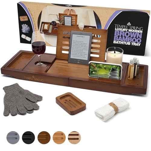 Temple Spring Wooden Bathtub Tray, Bamboo Bathroom Accessories, Bath Tray for Tub, at Home Spa Essentials, Board for Tub Table, Bath Caddy for Bathtub Accessories & Bathroom Essentials ? Wood Brown