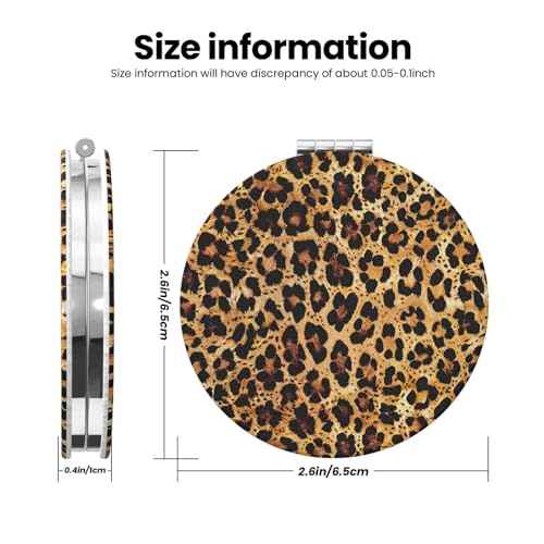 Cheetah Leopard Brown Print Foldable Travel Pocket Mirror Round PU Leather Portable Mini Makeup Double Sided Handheld Magnifying,2.6 in