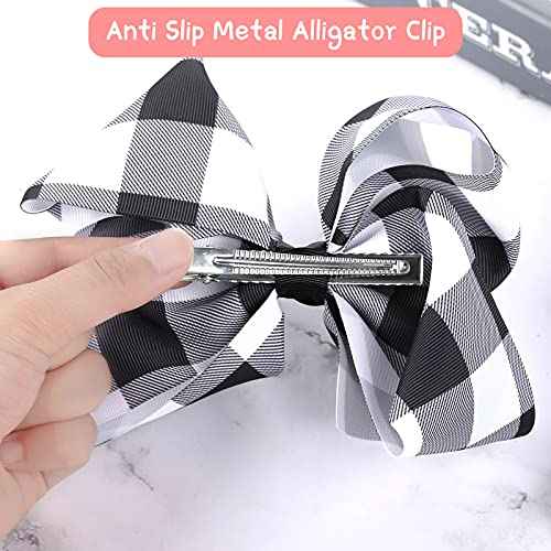 Syhood 2 Pieces Hair Bows 6.3 inch Large Buffalo Plaid Hair Alligator Clips Gingham Hairpin for Christmas Accessories(Black White Plaid)