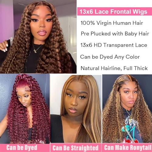 Highlight Ombre Lace Front Wig Human Hair Pre Plucked 13x6 HD Honey Blonde 4/27 Deep Wave Lace Frontal Wigs 200% Density Glueless Colored Wigs for Women Wet and Wavy Lace Front 18 Inch