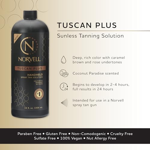 Norvell Tuscan Plus Sunless Spray Tan Solution 34 fl oz, Caramel Brown & Rose Tan ? Professional Tanning Solution for Spray Tan Machines ? Achieve Instant, Long-Lasting Natural Color