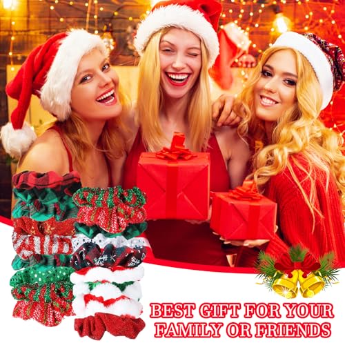 Giegxin 100 Pcs Christmas Scrunchies Bulk Hair Scrunchies Soft Elastic Snowflake Sequins Hair Scrunchy Ties Buffalo Plaid Glittery Rope Ponytail Holder for Women Gifts Xmas Accessories