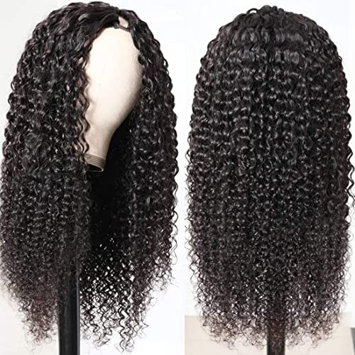 Curly V Part Wig Human Hair Brazilian Virgin Human Hair Wigs for Black Women Upgrade U Part Wigs Glueless Full Head Clip In Half Wig No Leave Out 180% Density Natural Black 18 Inch