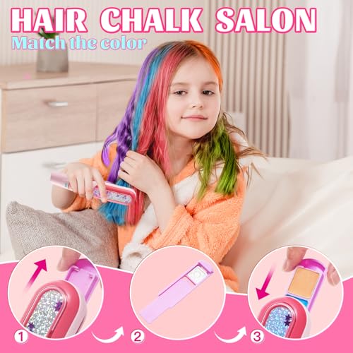 Temporary Hair Chalk with Hair Gem Stamper Kit, Hair Styling Tool with REUSABLE Shining Diamonds, Washable Hair Chalk Hair Color Dye for Girls, Toys Gifts for Girls 3 4 5 6 7-12