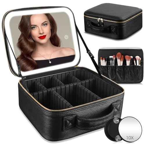 Travel Makeup Bag with Mirror of LED Lighted, Makeup Train Case with Adjustable Dividers, Makeup Case with Mirror and Detachable 10x Magnifying Mirror