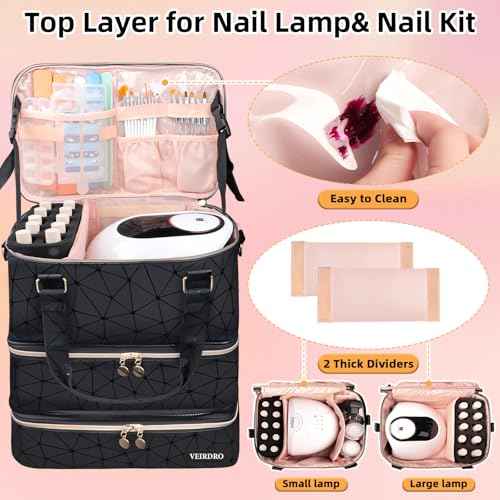 Nail Polish Organizer Hold 90 Bottles (15ml/0.5fl.Oz)& Nail Lamp, Three Layer Nail Supplies Organizer Case with Holder& Shoulder Strap, PU Leather Nail Kit Organizers and Storage Bag (Black)