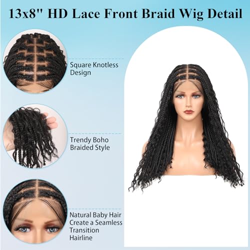 12inch 13x8 Hd Lace Front Braided Wigs for Women Knotless Boho Braided Wigs Short Box Braid Wig with Baby Hair Premium Synthetic Curly Braided Lace Front Wigs Natural Black