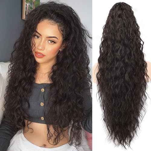 ORSUNCER Claw Long Wavy Ponytail Extension Black Brown 30" Curly Pony Tail Clip in Hair Extensions for Women fluffy Natural Looking Synthetic Hairpiece for Daily Use