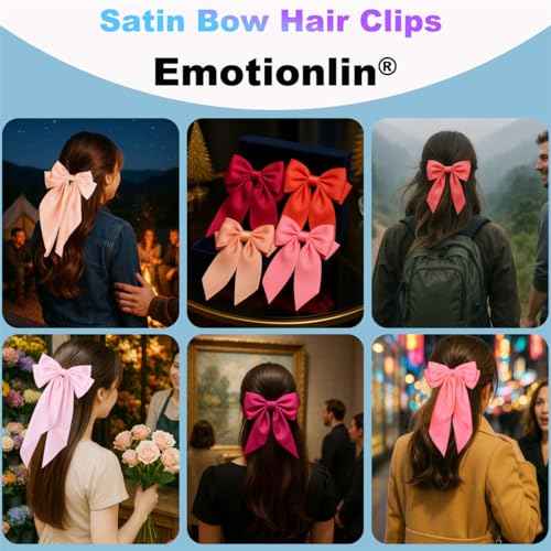 4PCS Satin Hair Bows for Women & Girls ? Oversized Long Tail Bow Clips with French Barrette Elegant satin ribbon bow clips hairstyles, large hair accessories pony tail, school, wedding, cheerleading