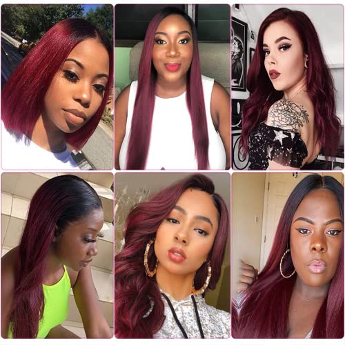 24 26 28 inch Wine Red Color 1B99j Straight Human Hair Bundles Ombre Two Tone Black and Burgundy Bundles Double Weft Brazilian Hair Extensions Soft and Silky
