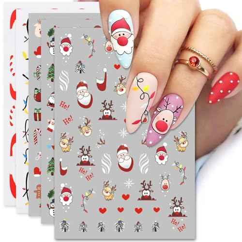 Christmas Nail Art Stickers, Self-Adhesive Colorful Light String, Santa, Elk, Snowflake Design for Holiday Nail Decals, Pegatinas U?as Navidad DIY Decorations (6 Sheets)