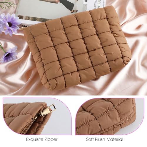 Brown Puffy Makeup Bag, Quilted Makeup Bag Cosmetic Bag Travel Puffer Makeup Pouch Cute Toiletry Zipper Bag cared Makeup Organizer Pouch Storage Clutch for Women(Brown)