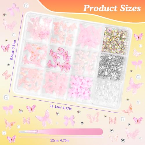 3D Pink Butterfly Nail Charms, Multi Styles Bow Tie Nail Charms and Rhinestones, Summer Butterfly Nails Bow Half White Pearls Charms for Acrylic Nails Art DIY Acessories