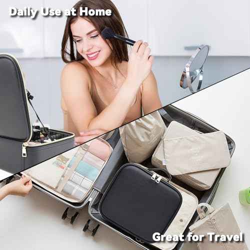 Travel Makeup Bag with LED Mirror and 10x magnifying glass with 3 Lighted Settings, Adjustable Dividers and Makeup Brush Storage Bag Black