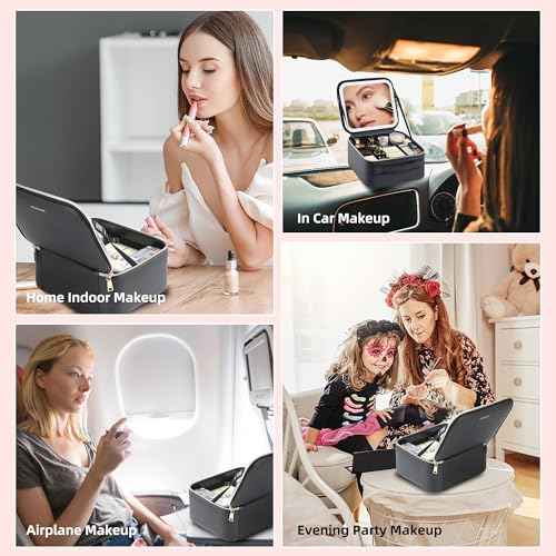 Travel Makeup Bag with LED Mirror ? Waterproof Cosmetic Train Case with Adjustable Dividers, Portable Makeup Organizer and Toiletry Bag for Women, Teens & Girls Gift, Black
